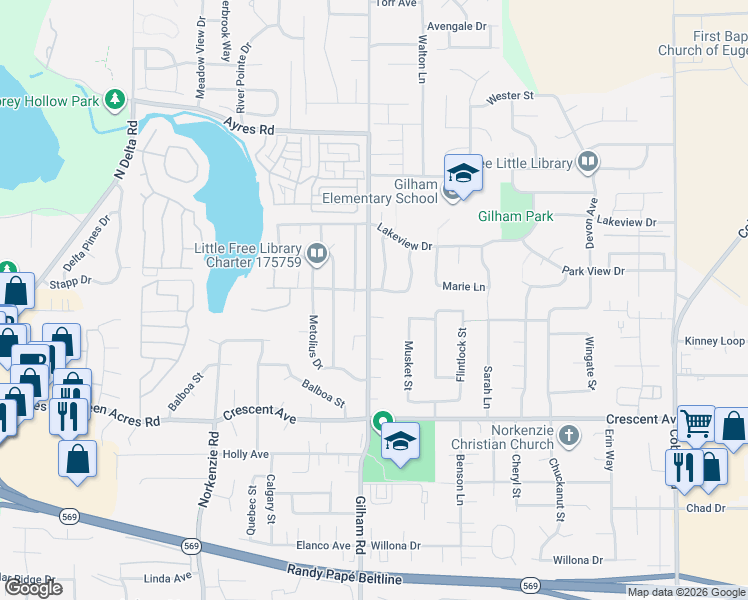map of restaurants, bars, coffee shops, grocery stores, and more near 3107 Powder River Drive in Eugene