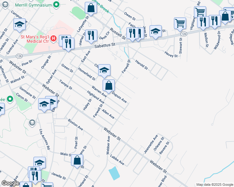 map of restaurants, bars, coffee shops, grocery stores, and more near 97 Farwell Street in Lewiston