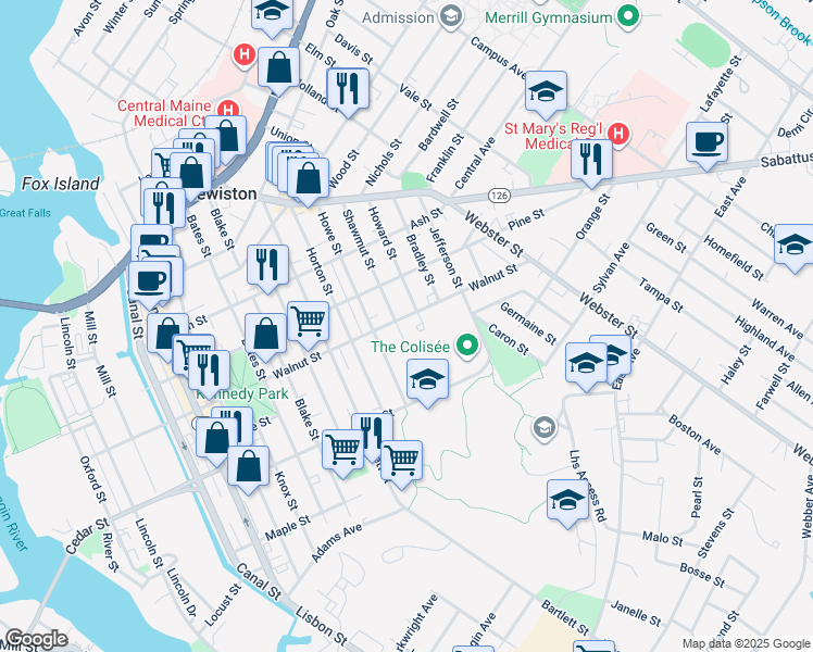 map of restaurants, bars, coffee shops, grocery stores, and more near 106 Walnut Street in Lewiston