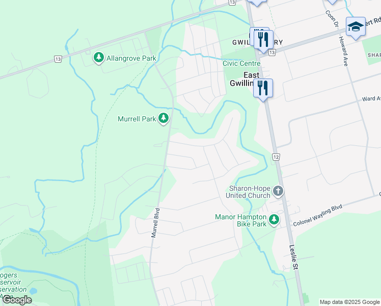 map of restaurants, bars, coffee shops, grocery stores, and more near 25 Briarfield Avenue in East Gwillimbury