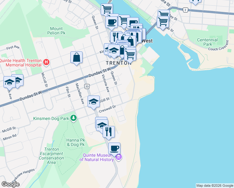 map of restaurants, bars, coffee shops, grocery stores, and more near 42 McGill Street in Quinte West