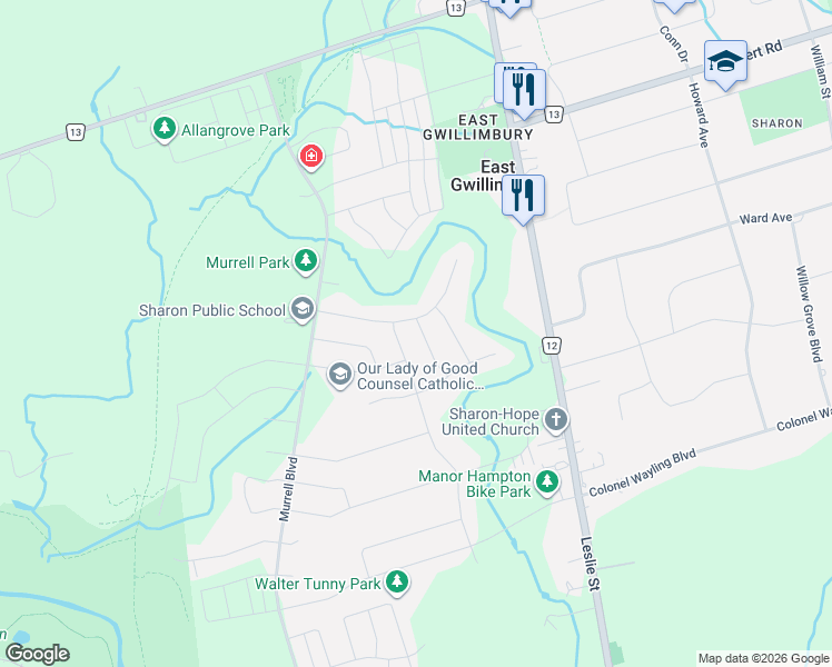 map of restaurants, bars, coffee shops, grocery stores, and more near 26 John Moore Road in East Gwillimbury