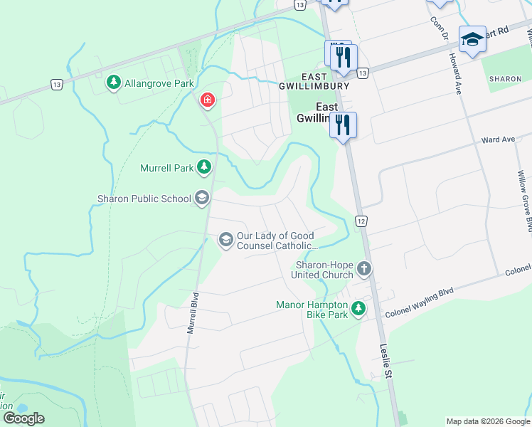 map of restaurants, bars, coffee shops, grocery stores, and more near 275 Sharon Creek Drive in East Gwillimbury