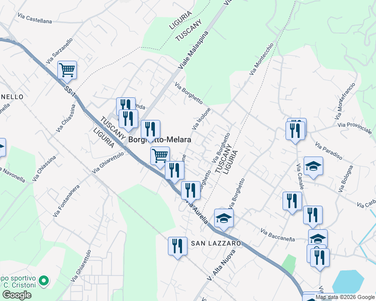 map of restaurants, bars, coffee shops, grocery stores, and more near 53 Via Isolone in Borghetto-melara