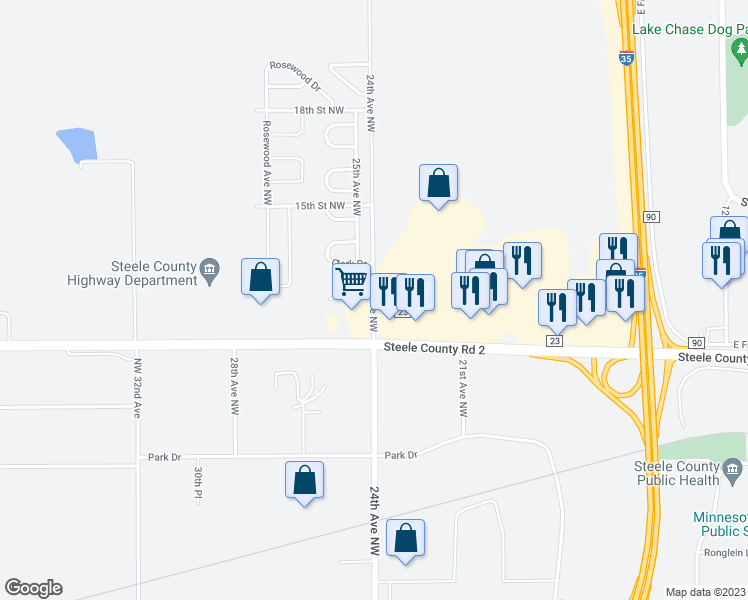 map of restaurants, bars, coffee shops, grocery stores, and more near 1 12th Place Northwest in Owatonna