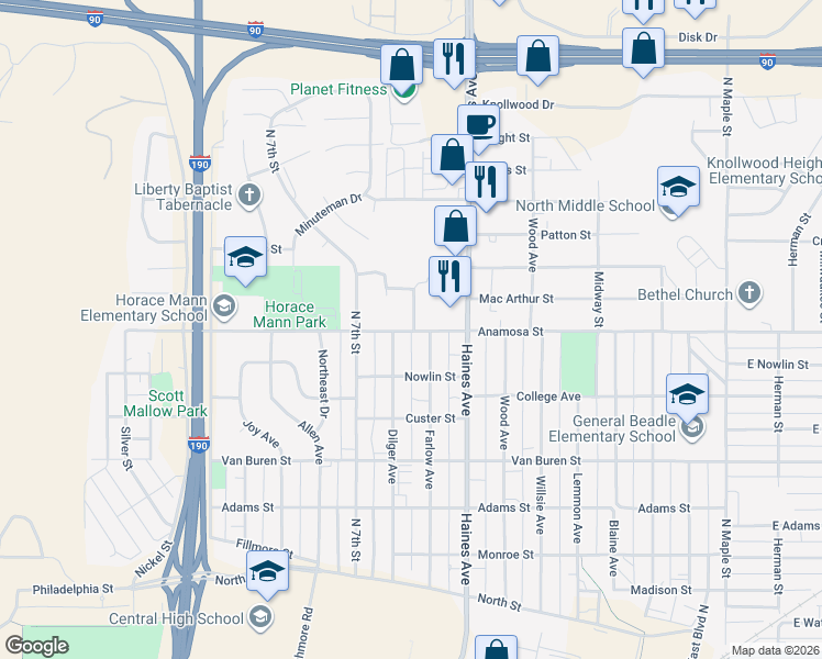map of restaurants, bars, coffee shops, grocery stores, and more near 1201 Atlas Street in Rapid City