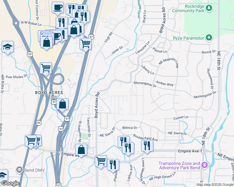 map of restaurants, bars, coffee shops, grocery stores, and more near 20631 White Wing Court in Bend