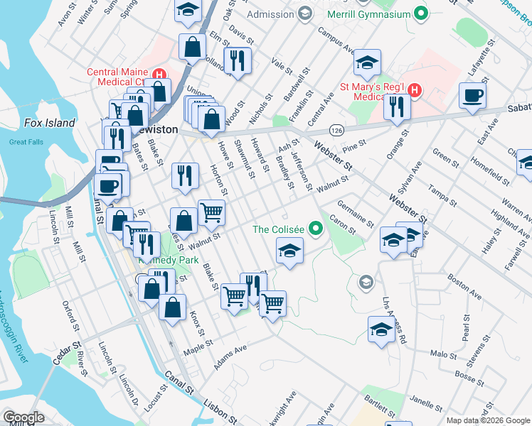 map of restaurants, bars, coffee shops, grocery stores, and more near 106 Walnut Street in Lewiston