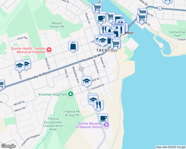map of restaurants, bars, coffee shops, grocery stores, and more near 89 Shuter Street in Quinte West