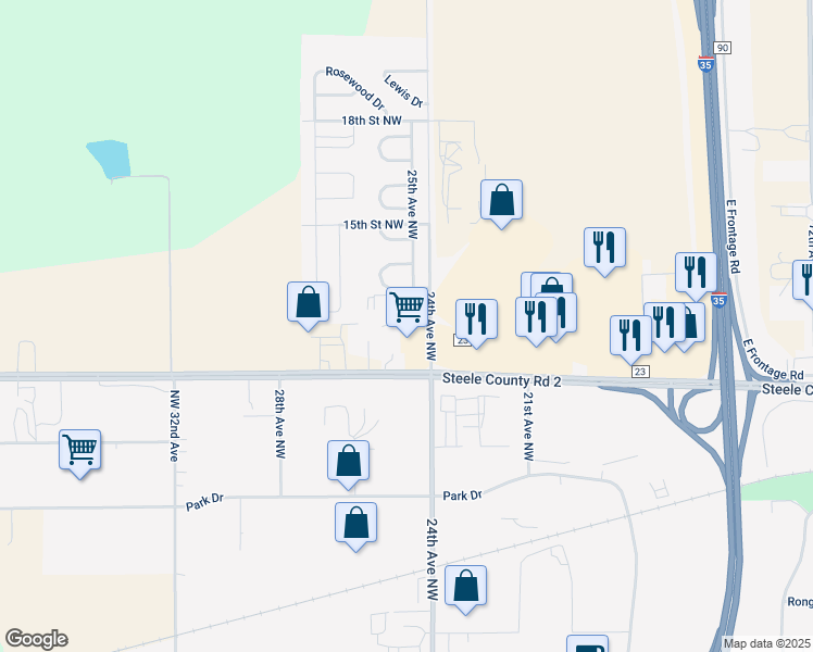 map of restaurants, bars, coffee shops, grocery stores, and more near 14 12th Place Northwest in Owatonna