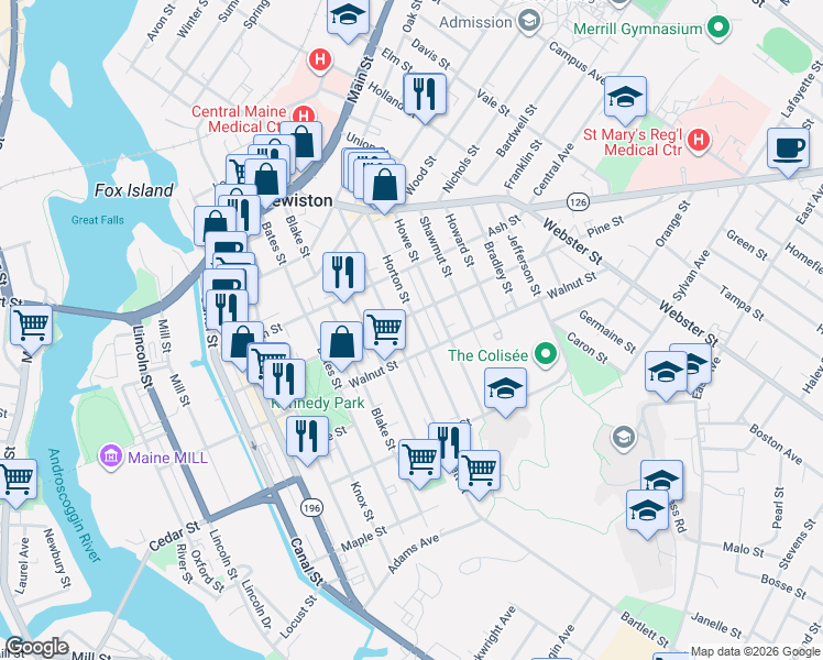 map of restaurants, bars, coffee shops, grocery stores, and more near 85 Horton Street in Lewiston