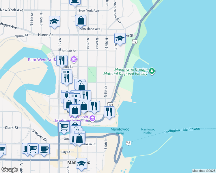 map of restaurants, bars, coffee shops, grocery stores, and more near 407 State Street in Manitowoc