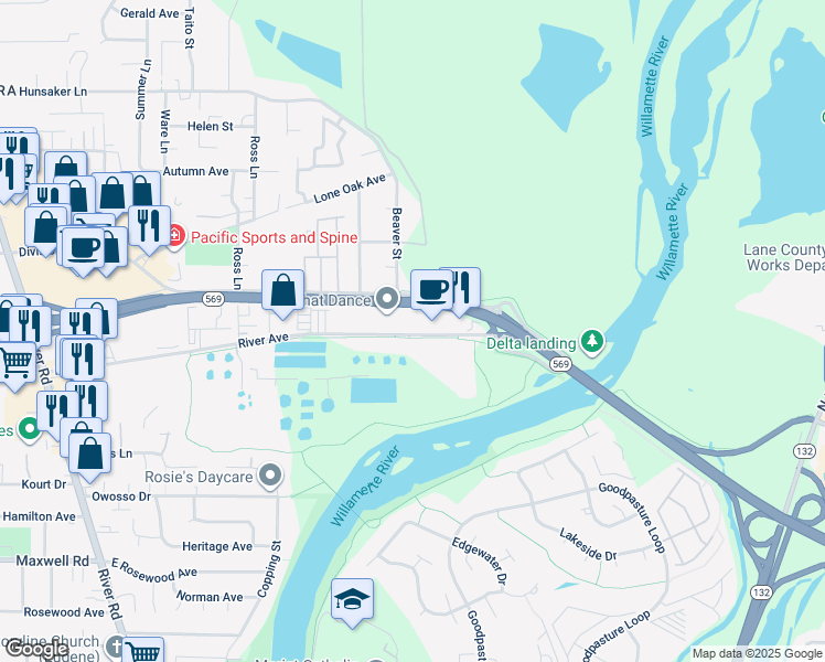 map of restaurants, bars, coffee shops, grocery stores, and more near 725 River Ave in Eugene