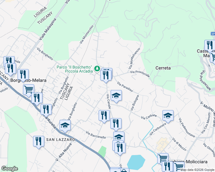 map of restaurants, bars, coffee shops, grocery stores, and more near 128 Via Provinciale in Colombiera-molicciara