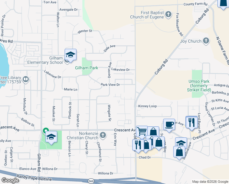 map of restaurants, bars, coffee shops, grocery stores, and more near 3078 Matt Drive in Eugene