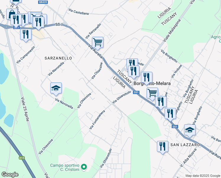 map of restaurants, bars, coffee shops, grocery stores, and more near 13 Via Ponte Isolone in Sarzana