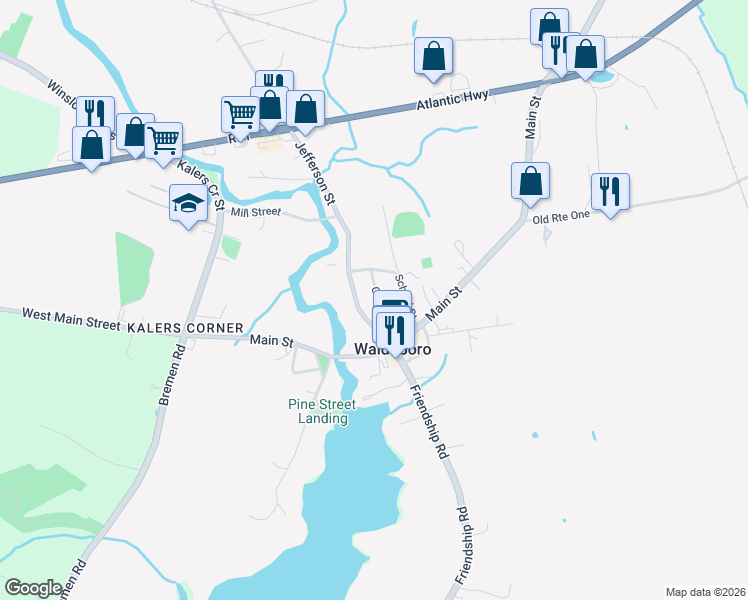 map of restaurants, bars, coffee shops, grocery stores, and more near 50 Glidden Street in Waldoboro