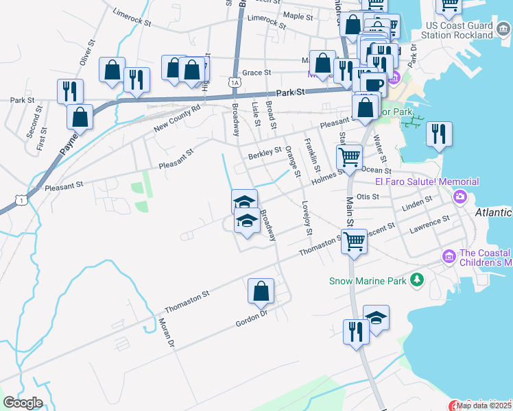 map of restaurants, bars, coffee shops, grocery stores, and more near 100 Holmes Street in Rockland