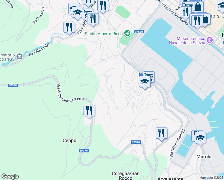 map of restaurants, bars, coffee shops, grocery stores, and more near Via Sant'Andrea in La Spezia