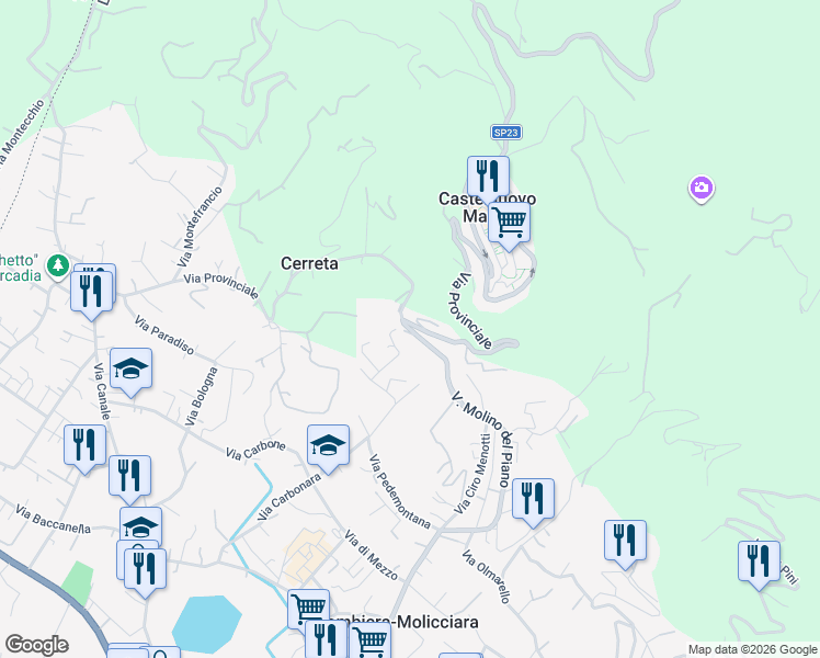 map of restaurants, bars, coffee shops, grocery stores, and more near 209 Via Provinciale in Provincia della Spezia
