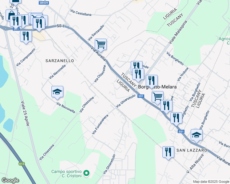 map of restaurants, bars, coffee shops, grocery stores, and more near 13 Via Ponte Isolone in Sarzana