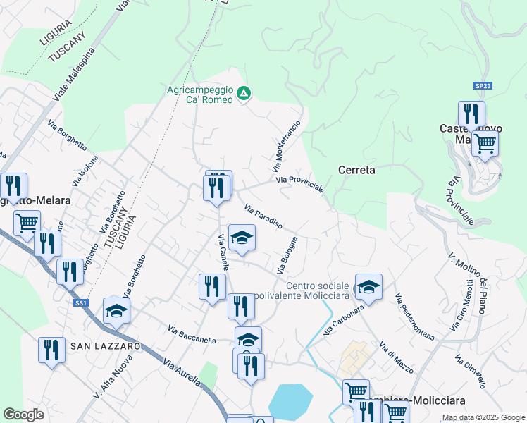 map of restaurants, bars, coffee shops, grocery stores, and more near 1A Via Paradiso in Colombiera-molicciara