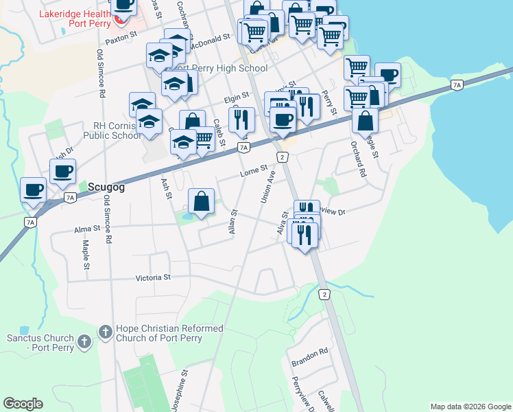 map of restaurants, bars, coffee shops, grocery stores, and more near 100 Union Avenue in Port Perry