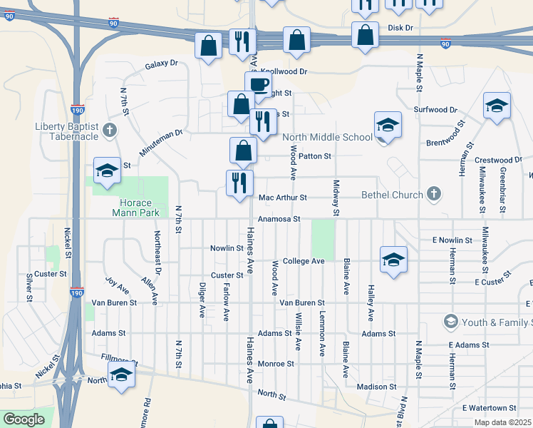 map of restaurants, bars, coffee shops, grocery stores, and more near 408 Anamosa Street in Rapid City