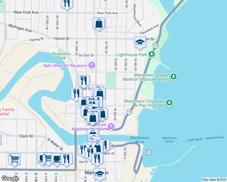 map of restaurants, bars, coffee shops, grocery stores, and more near 605 State Street in Manitowoc