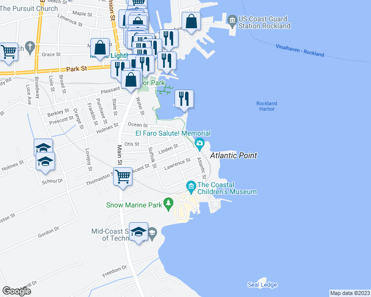 map of restaurants, bars, coffee shops, grocery stores, and more near 80 Crescent Street in Rockland