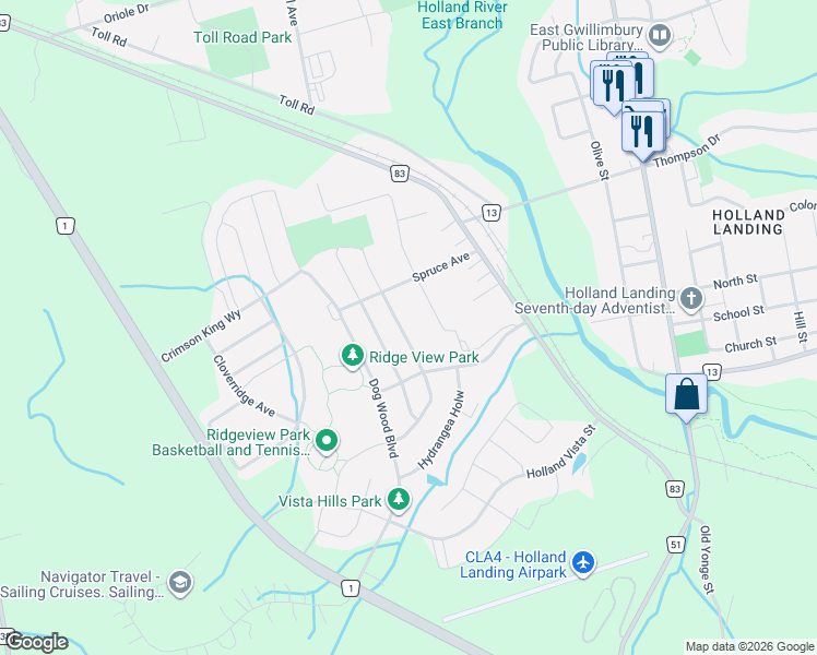 map of restaurants, bars, coffee shops, grocery stores, and more near 25 Snap Dragon Trail in East Gwillimbury