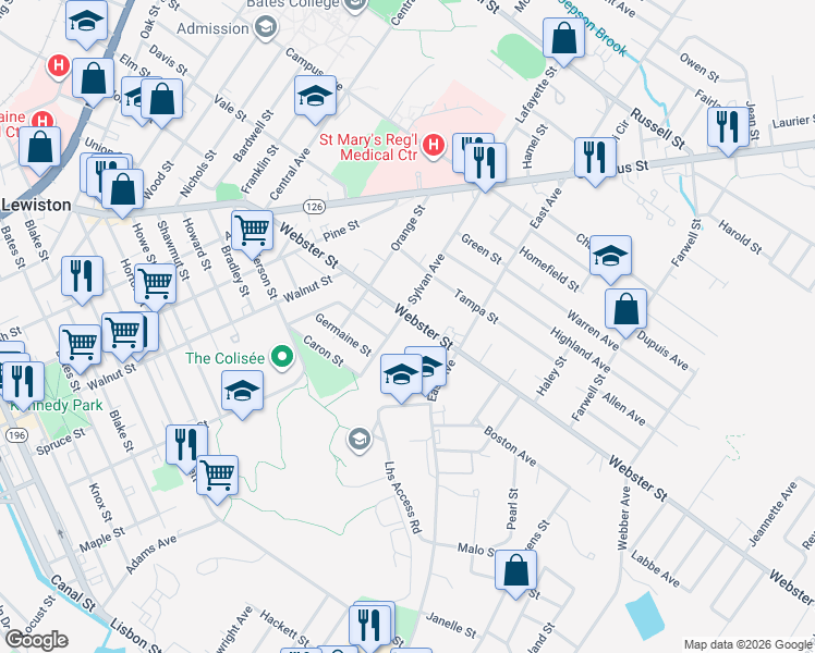 map of restaurants, bars, coffee shops, grocery stores, and more near 133 Webster Street in Lewiston