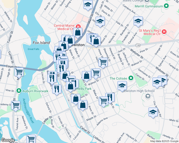 map of restaurants, bars, coffee shops, grocery stores, and more near 56 Pierce Street in Lewiston
