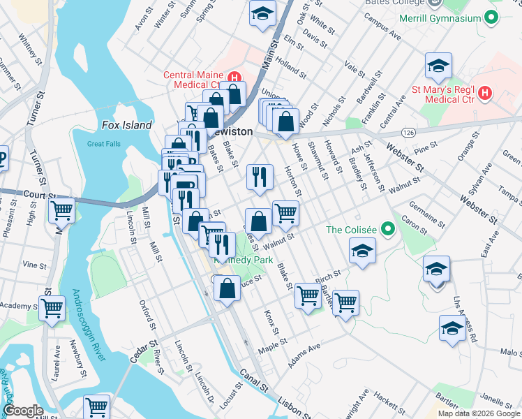 map of restaurants, bars, coffee shops, grocery stores, and more near 97 Blake Street in Lewiston