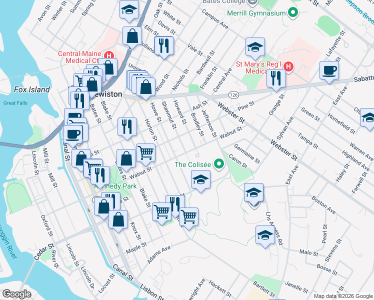 map of restaurants, bars, coffee shops, grocery stores, and more near 106 Walnut Street in Lewiston