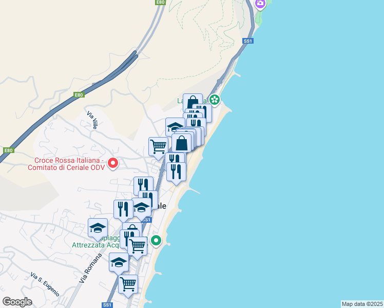 map of restaurants, bars, coffee shops, grocery stores, and more near 36 Lungomare Europa in Varazze