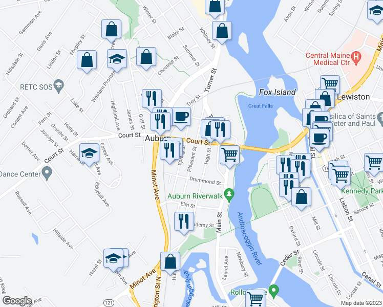 map of restaurants, bars, coffee shops, grocery stores, and more near 83 Pleasant Street in Auburn