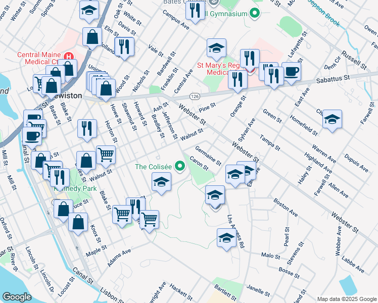 map of restaurants, bars, coffee shops, grocery stores, and more near 2 Caron Street in Lewiston