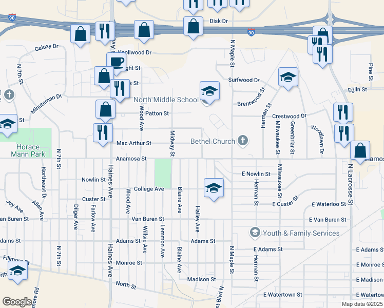 map of restaurants, bars, coffee shops, grocery stores, and more near 122 Anamosa Street in Rapid City
