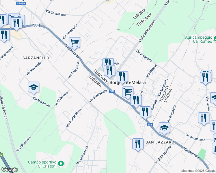 map of restaurants, bars, coffee shops, grocery stores, and more near 54 Via Aurelia in Borghetto-melara