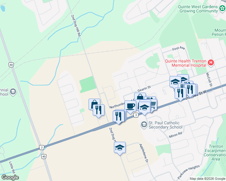 map of restaurants, bars, coffee shops, grocery stores, and more near 16 Matheos Crescent in Quinte West