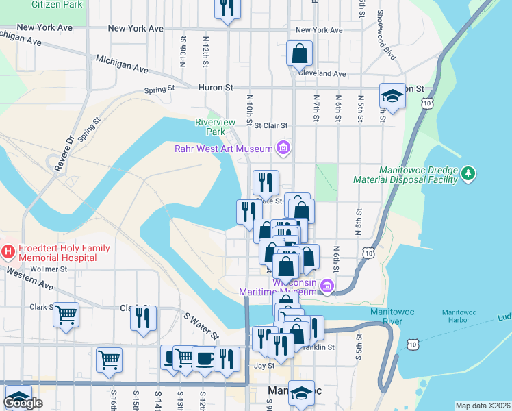 map of restaurants, bars, coffee shops, grocery stores, and more near 915 State Street in Manitowoc