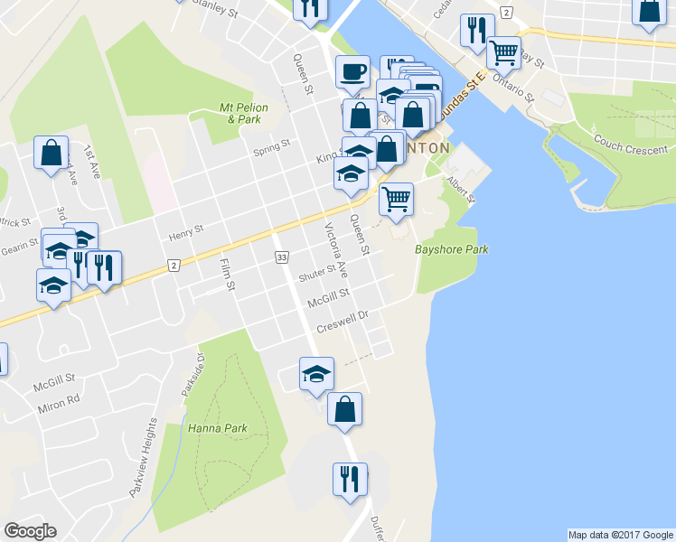 map of restaurants, bars, coffee shops, grocery stores, and more near 89 Shuter Street in Quinte West