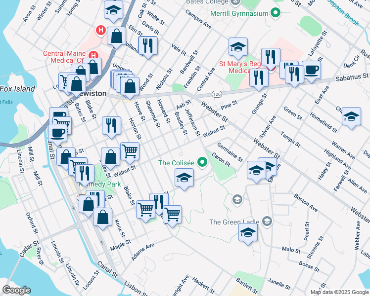 map of restaurants, bars, coffee shops, grocery stores, and more near 119 Walnut Street in Lewiston