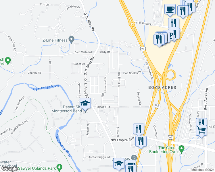 map of restaurants, bars, coffee shops, grocery stores, and more near 63258 Northwest Lavacrest Street in Bend