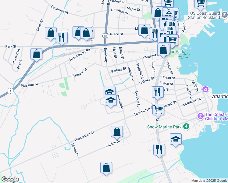 map of restaurants, bars, coffee shops, grocery stores, and more near 83 Holmes Street in Rockland