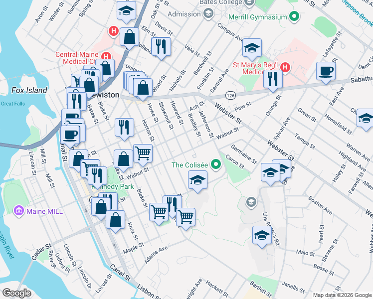 map of restaurants, bars, coffee shops, grocery stores, and more near 102 Walnut Street in Lewiston
