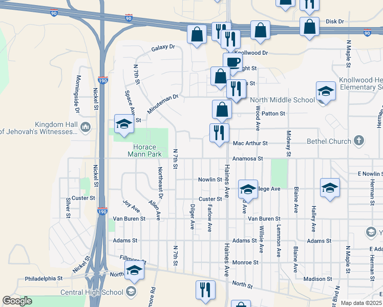 map of restaurants, bars, coffee shops, grocery stores, and more near 1201 Atlas Street in Rapid City
