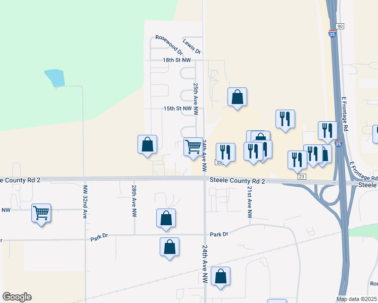 map of restaurants, bars, coffee shops, grocery stores, and more near 14 12th Place Northwest in Owatonna