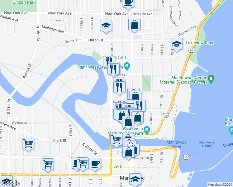 map of restaurants, bars, coffee shops, grocery stores, and more near 909 State Street in Manitowoc